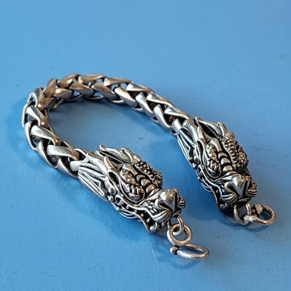 Vintage Silver Double Dragon Head Wheat Link Chain Bracelet Unisex Jewelry